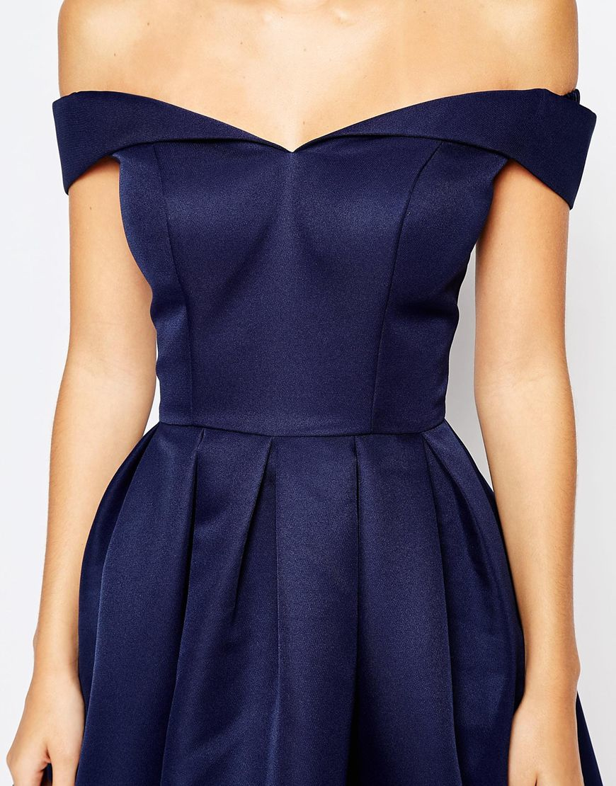 Chi Chi London Synthetic Midi Prom Dress With Full Skirt And Bardot Neck -  Navy in Blue - Lyst