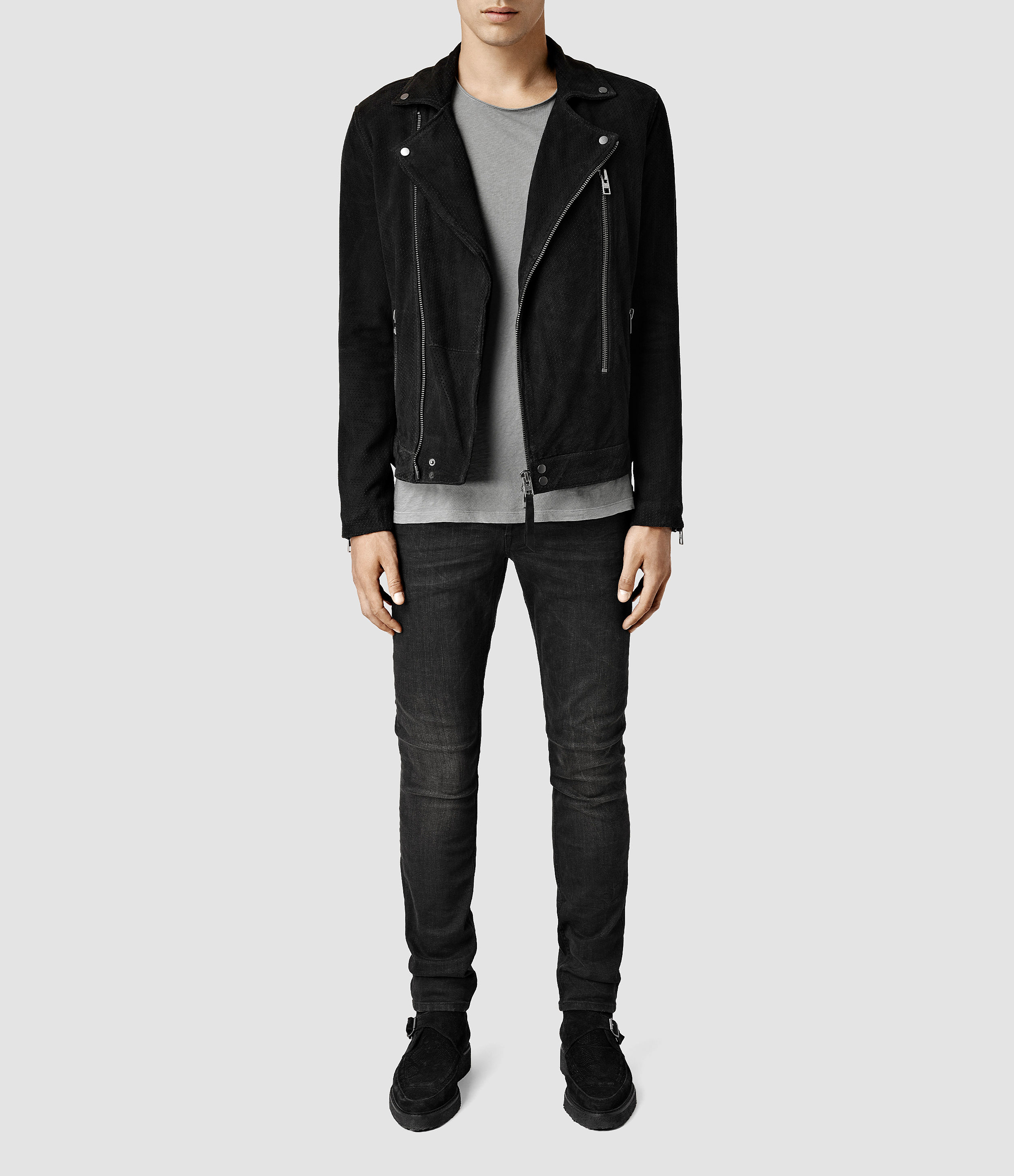 AllSaints Geo Suede Biker Jacket in Black for Men Lyst UK