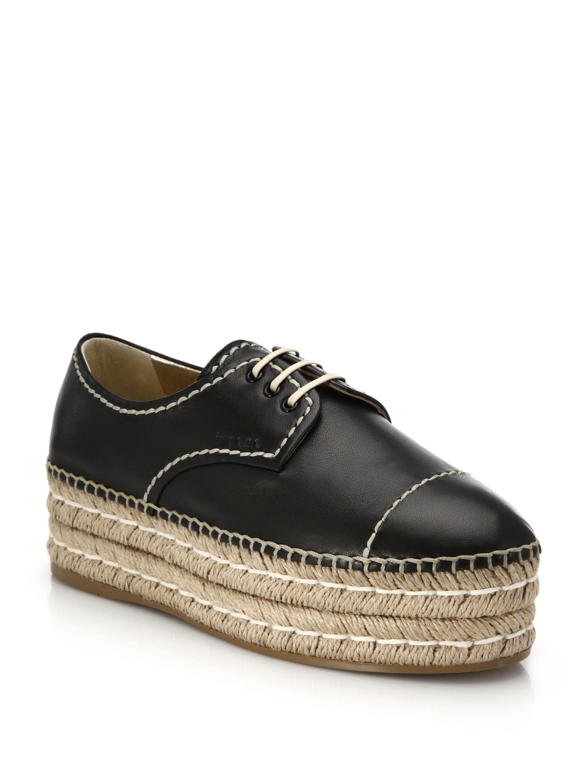 Prada Espadrille Platform Leather Laceup Shoes in Black Lyst