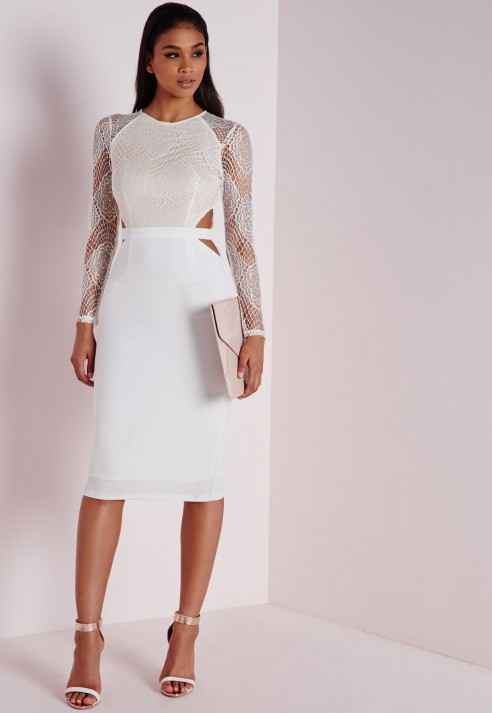 white bodycon midi dress long sleeve fitted