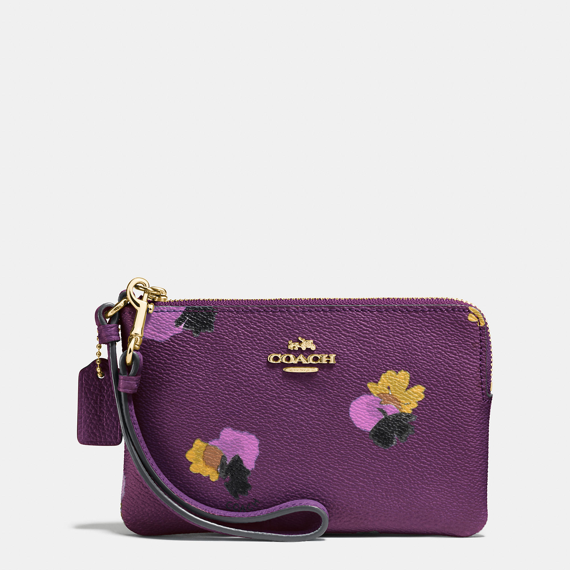 COACH Corner Zip Wristlet In Floral Print Coated Canvas in Purple