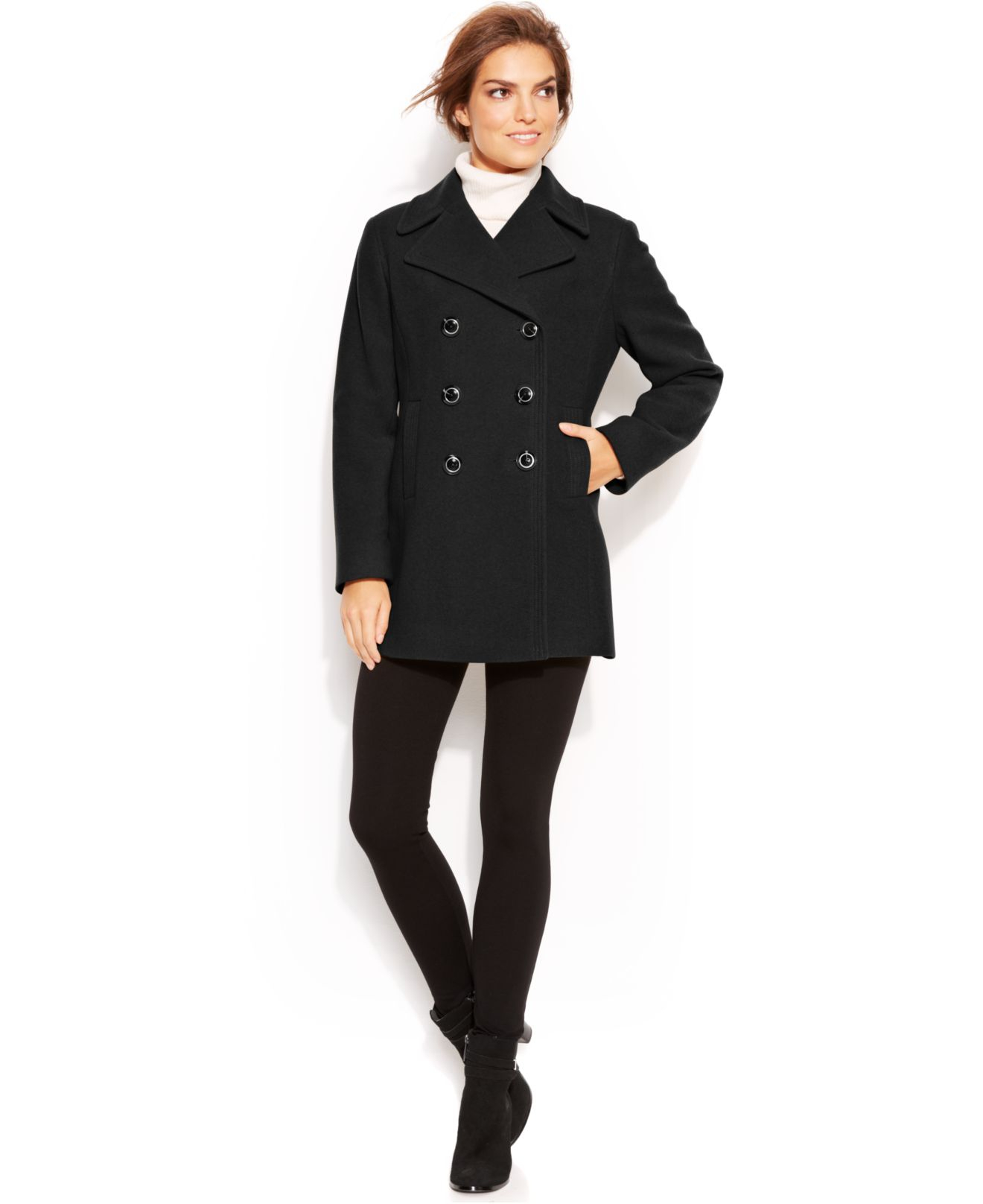 Kenneth Cole REACTION Womens Hooded Double Breasted Wool Coat 
