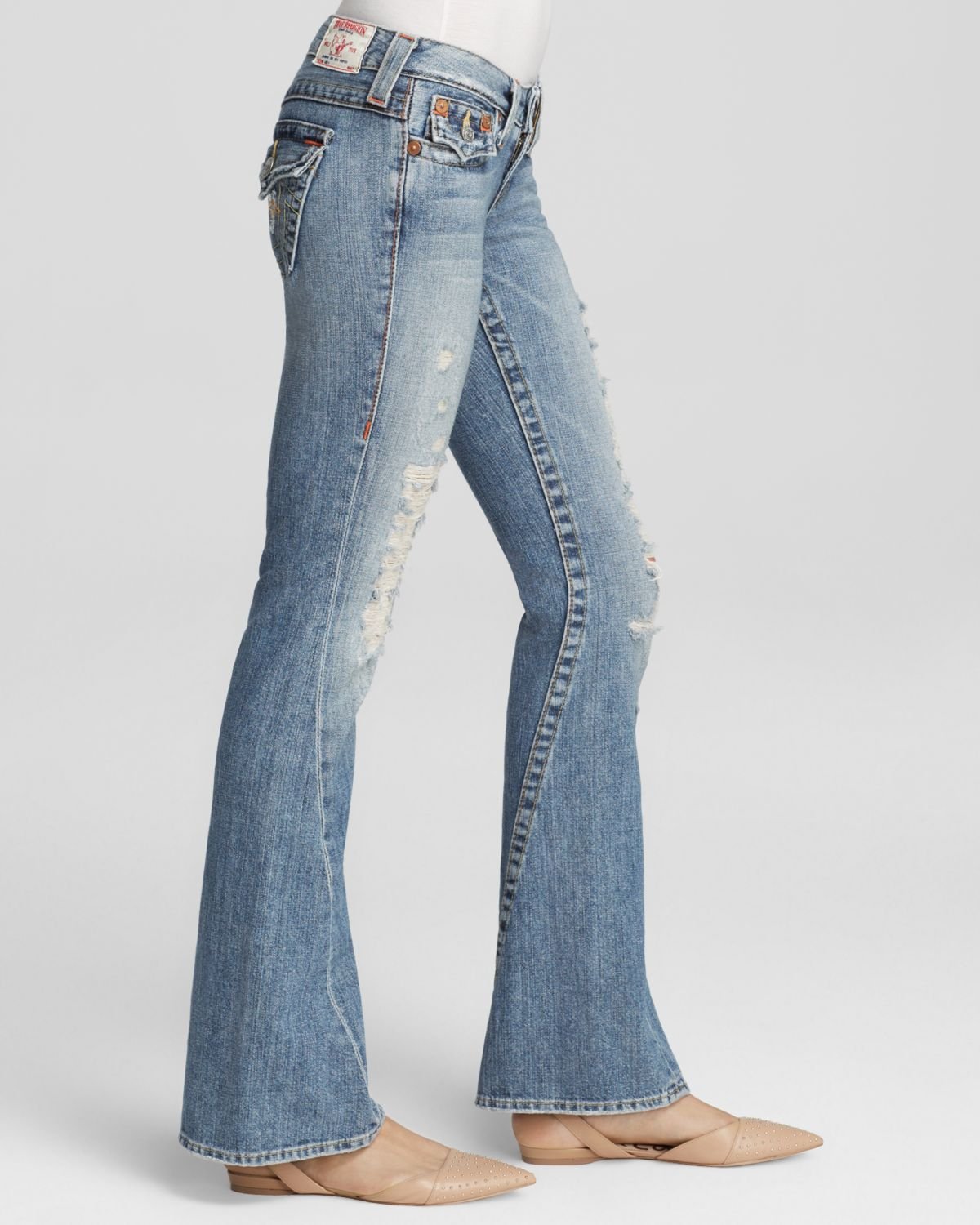 True Religion Joey Original Low Rise Flare Jeans In Destroyed in Blue | Lyst