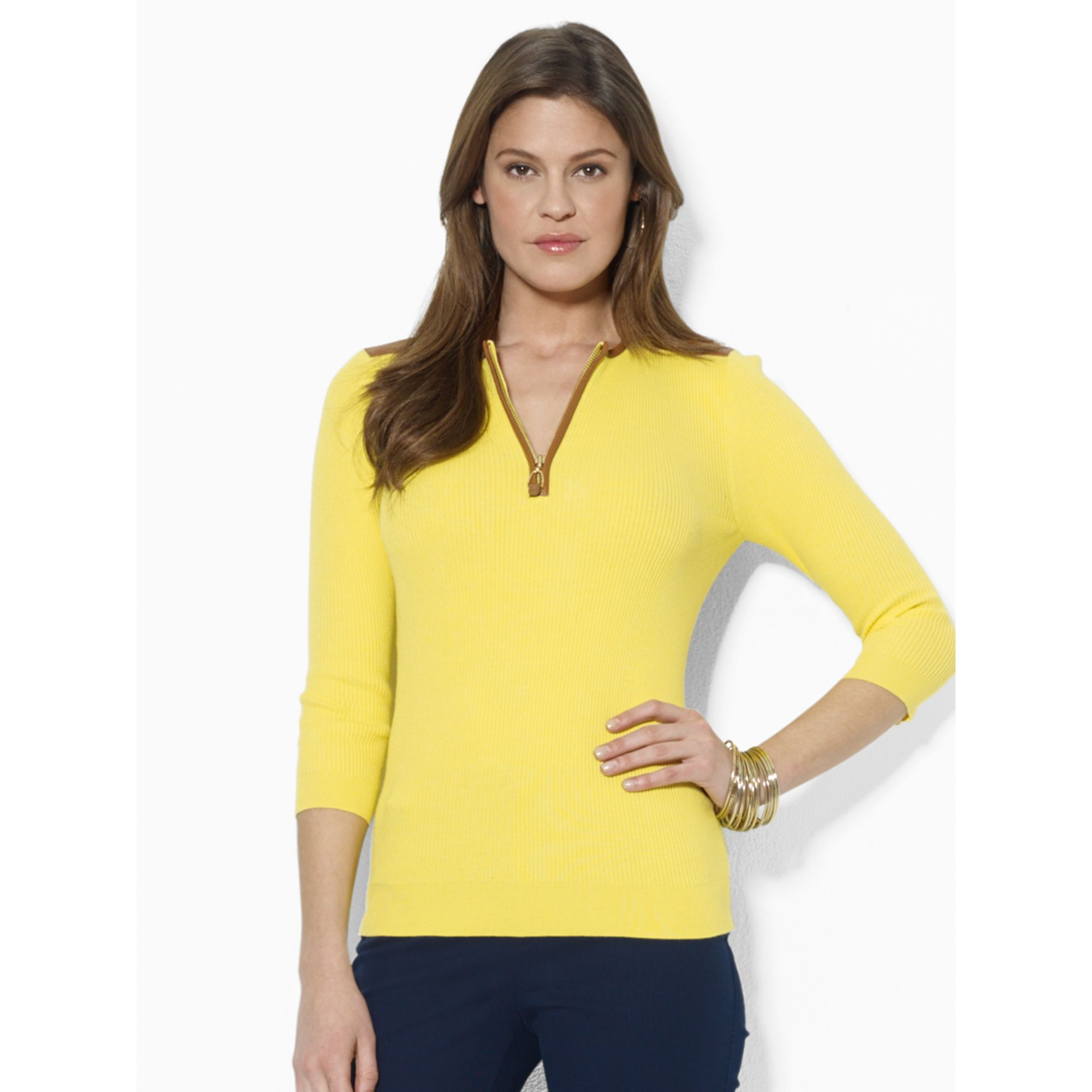 Lyst - Lauren By Ralph Lauren Half-Zip Crewneck Sweater in Yellow