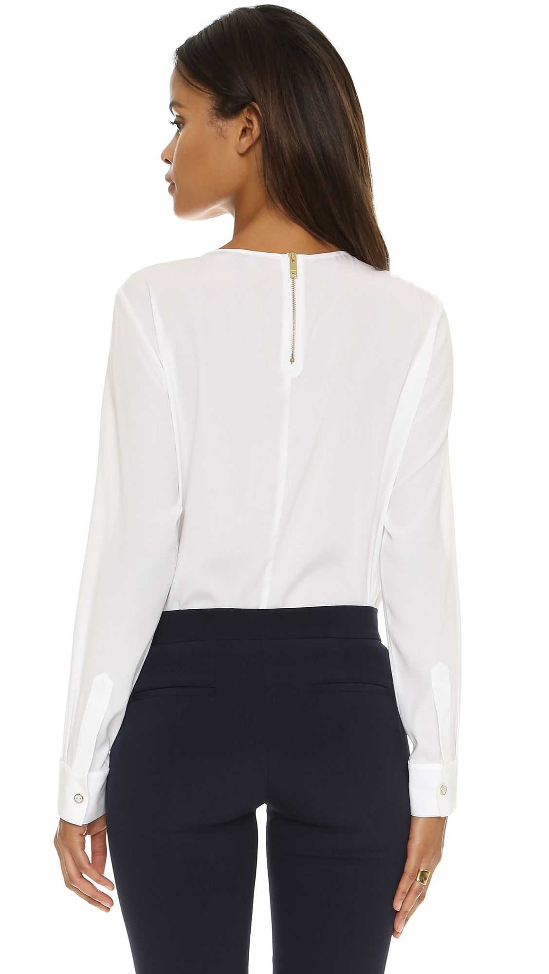 DKNY Long Sleeve Back Zip Pleated Front Blouse - White