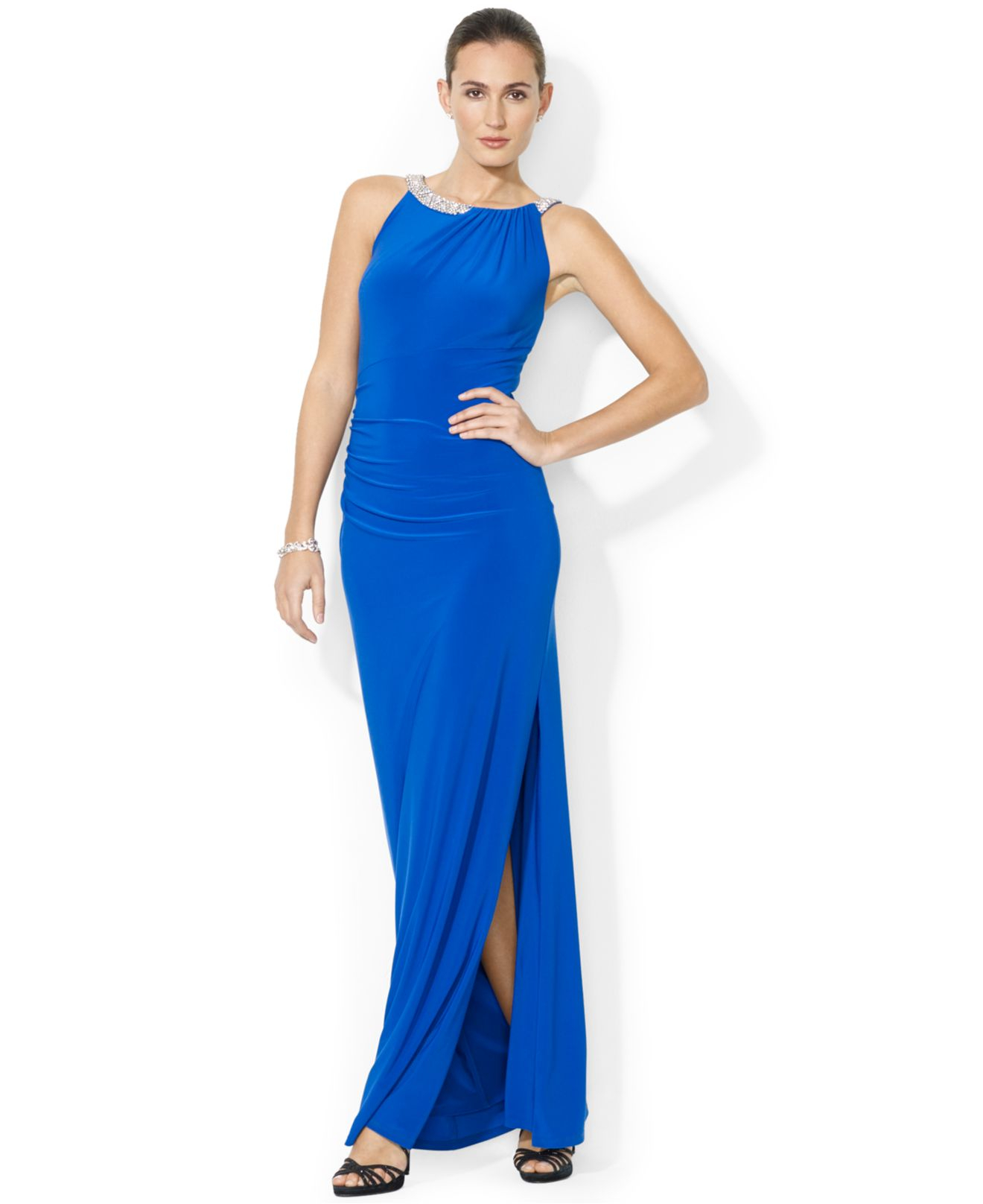 Lauren by ralph lauren Petite Beaded Ruched Halter Dress in Blue | Lyst