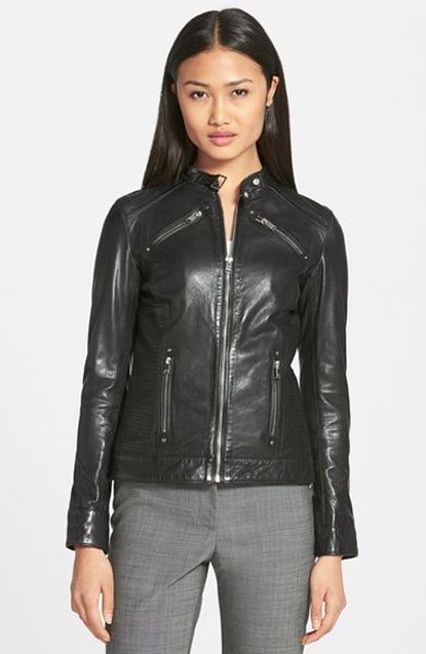 Lamarque Stitch Detail Lambskin Leather Jacket in Black | Lyst