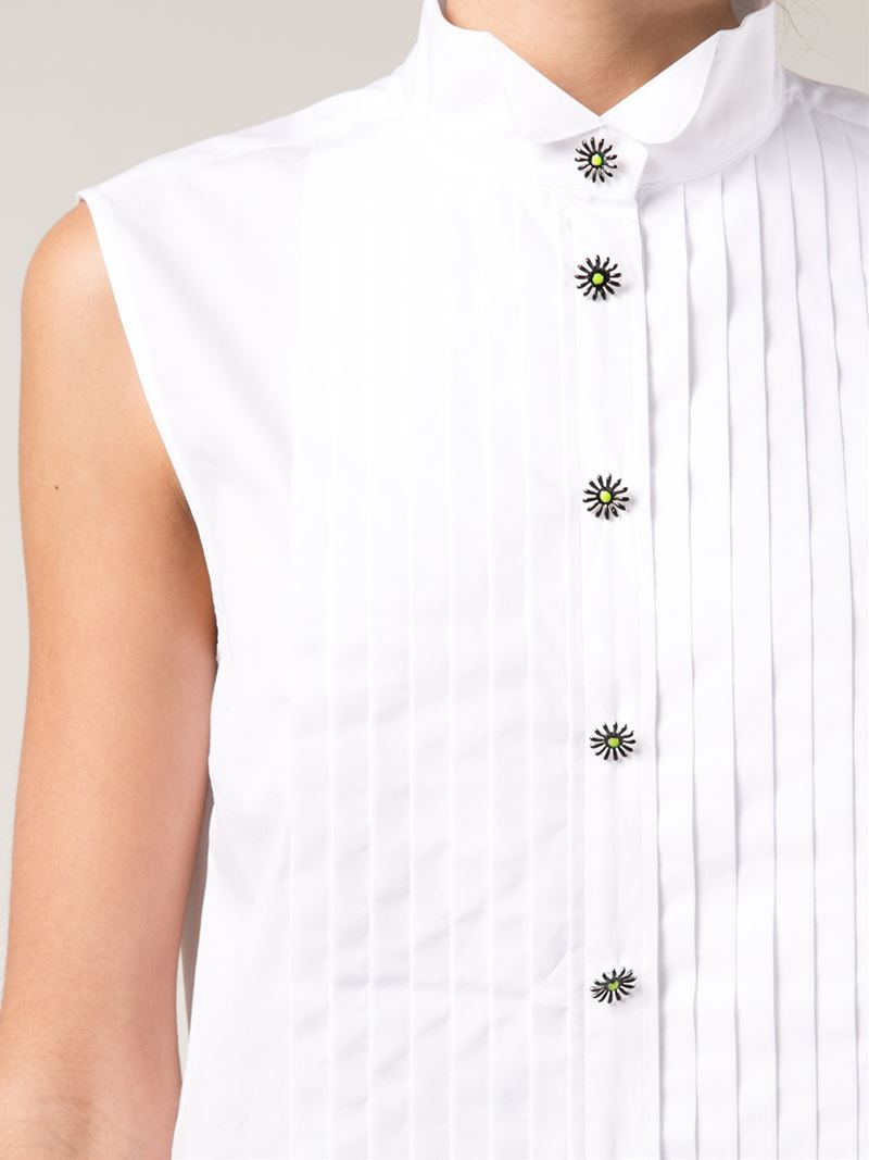 womens white sleeveless tuxedo shirt