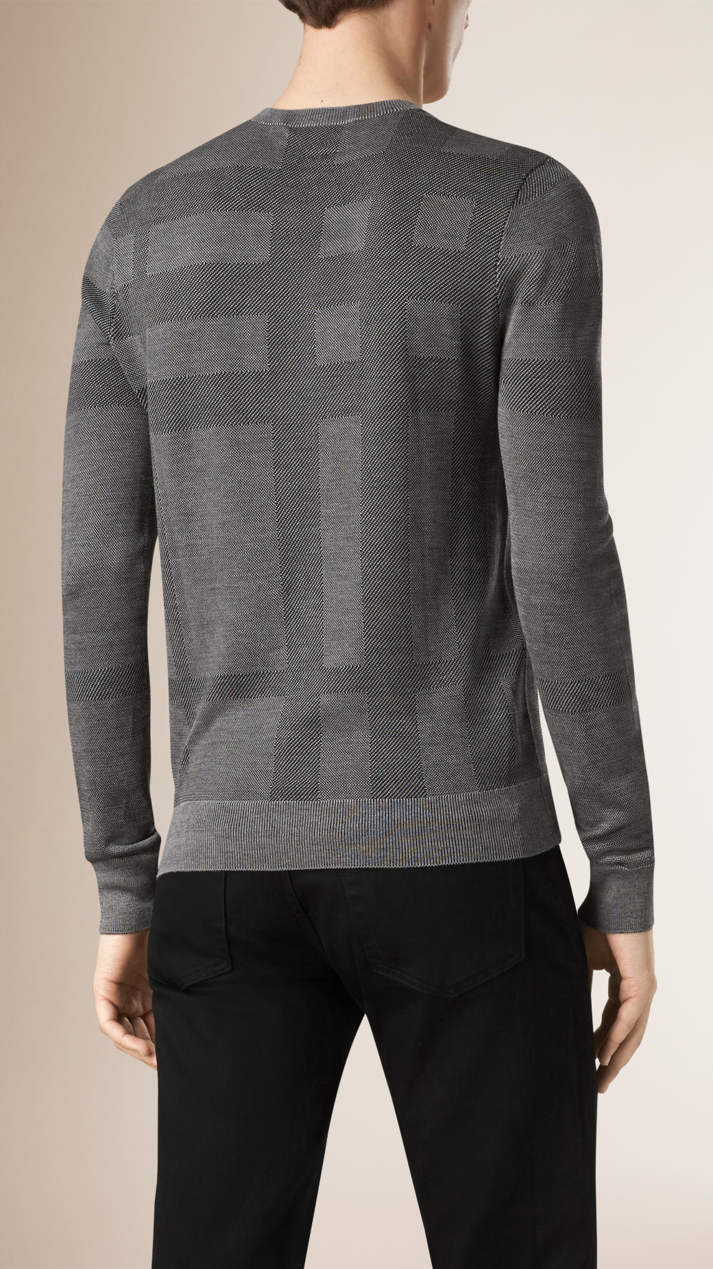 Download Burberry Check Crew Neck Silk Sweater Grey Stone in Gray ...