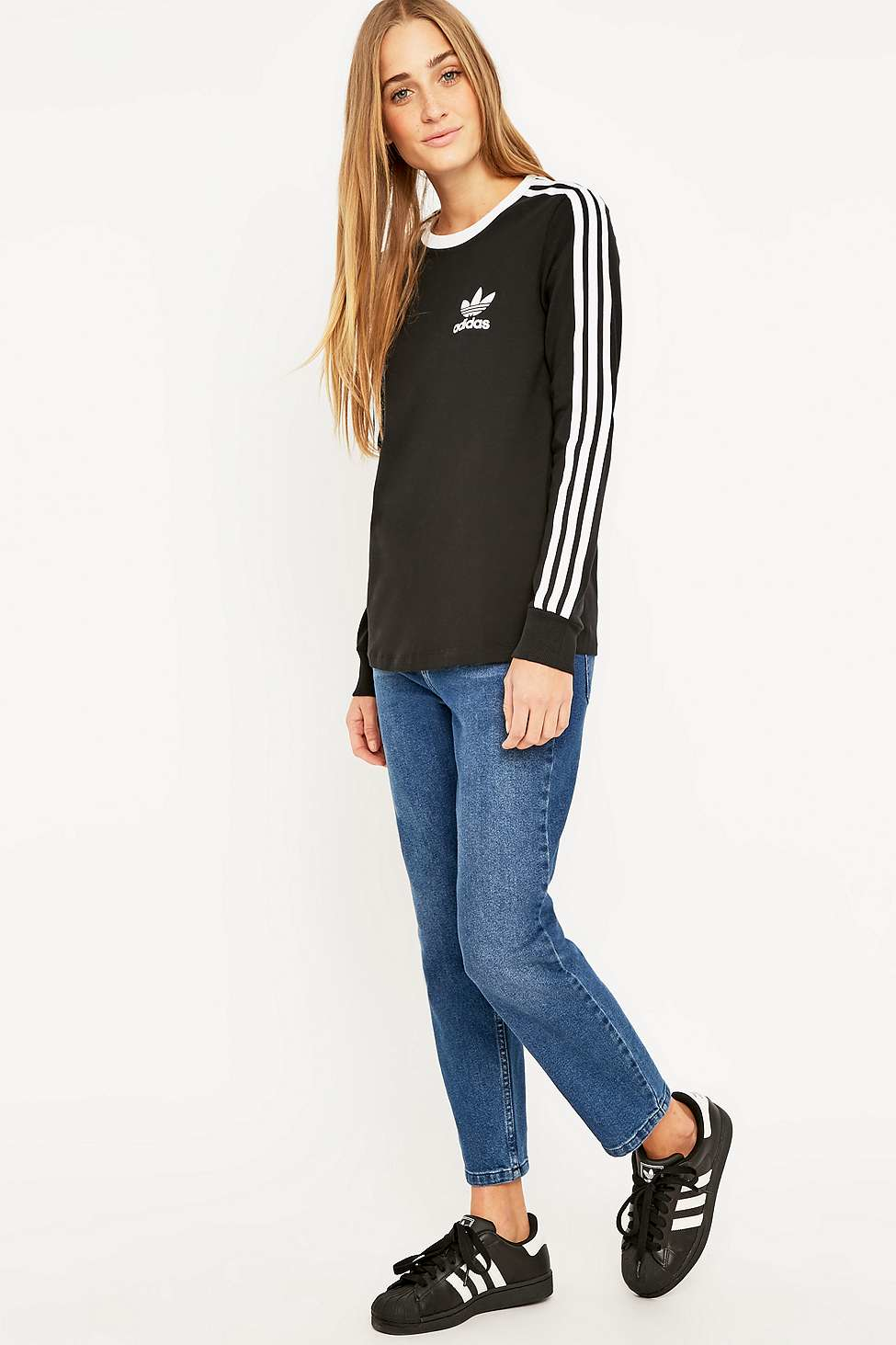 adidas Three Stripe Long Sleeve Black T-shirt - Lyst