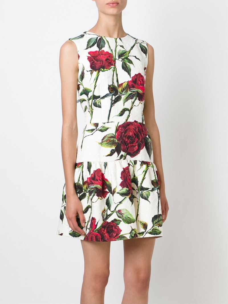 Dolce & Gabbana Rose-Print Brocade Dress in White (Green) - Lyst