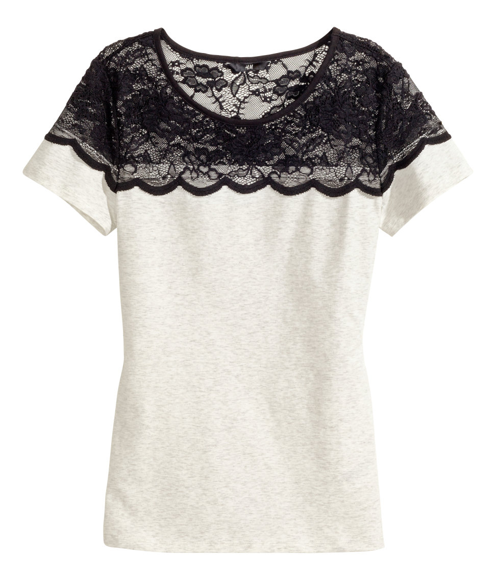 H\u0026M Jersey Top With Lace in Light Gray 