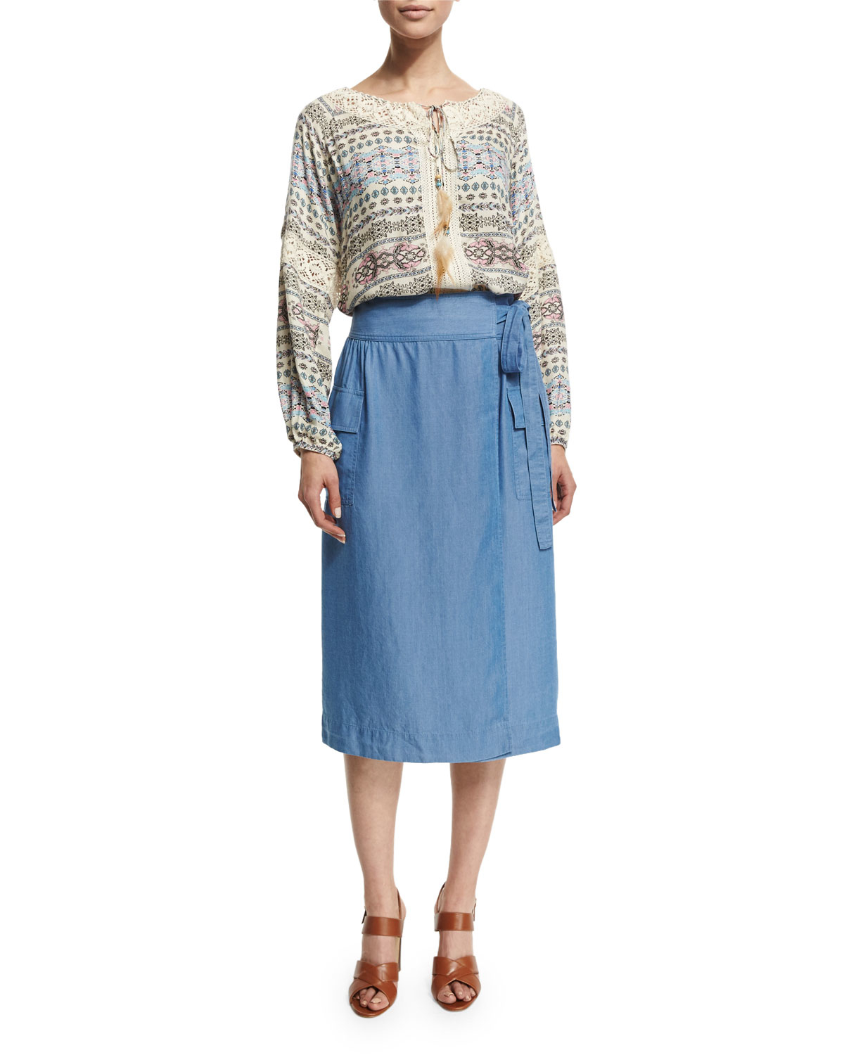 neiman chambray tie waist midi wrap skirt in blue neiman chambray tie waist midi wrap skirt in blue