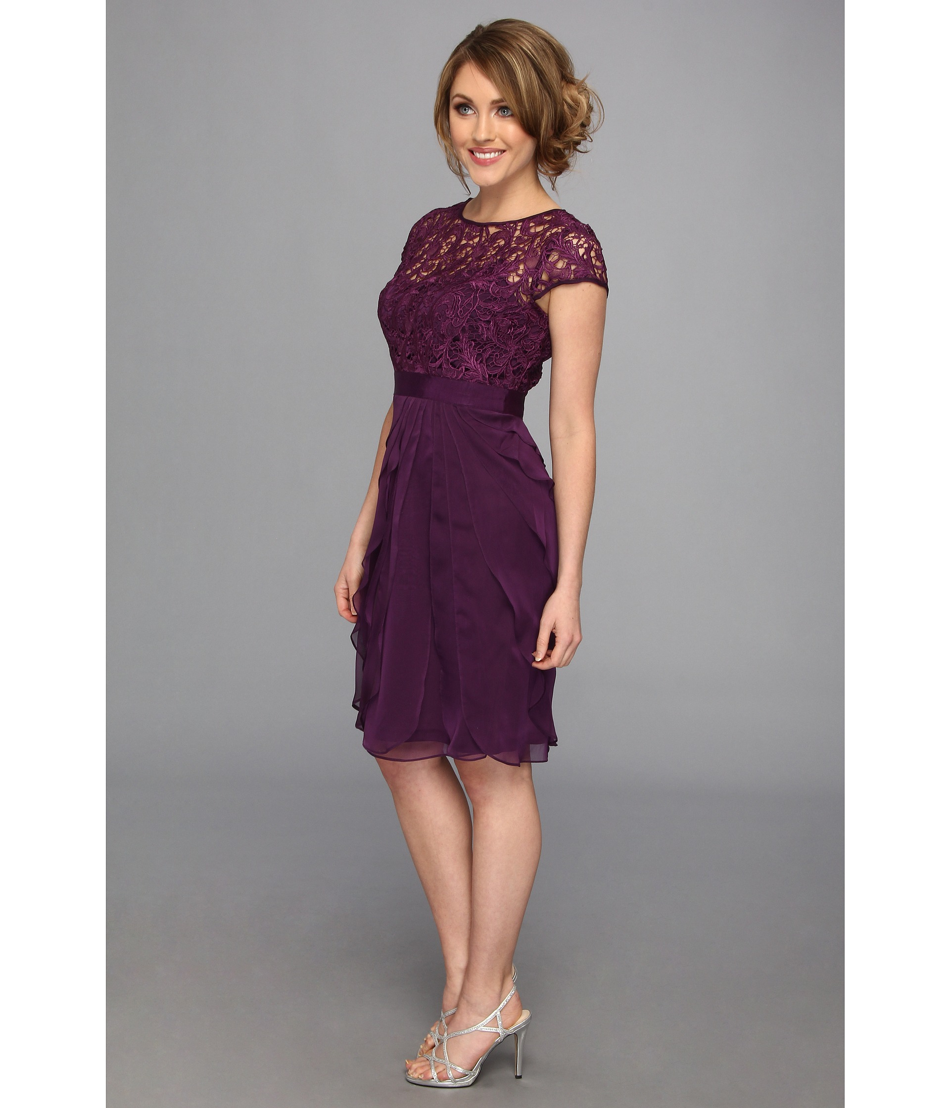 Adrianna Papell Lace Bodice Flutter Skirt Short Dress in Purple - Lyst