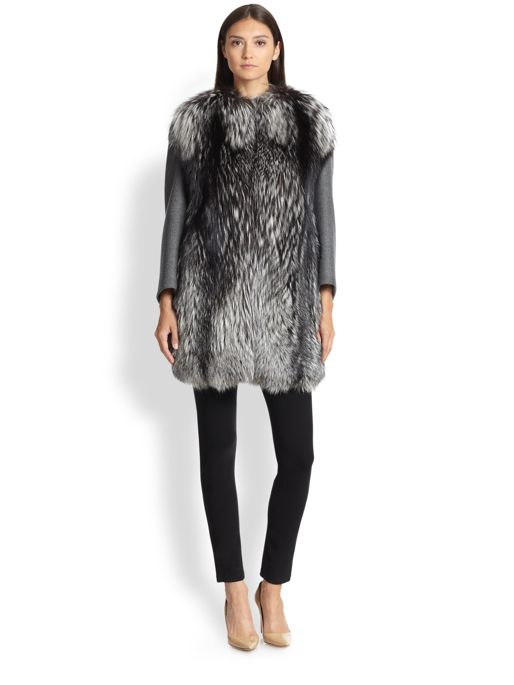 Lyst - Max Mara Fur-Front Wool & Cashmere Coat in Gray