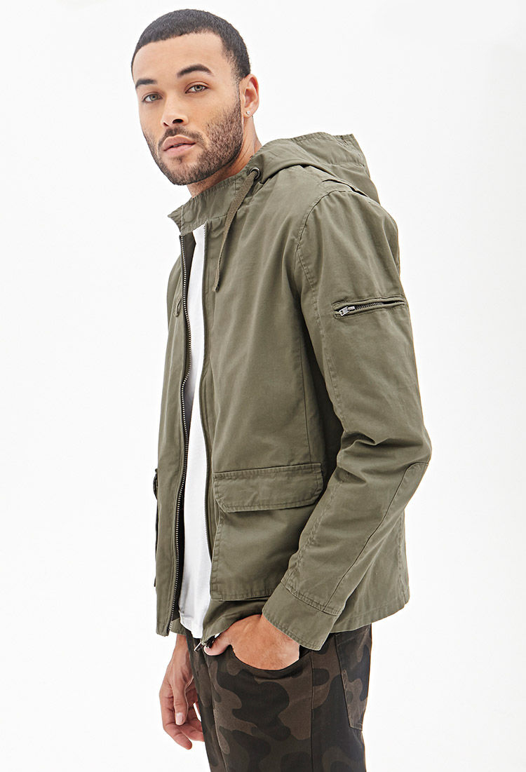 Forever 21 Hooded Twill Cargo Jacket in Olive (Green) for Men | Lyst