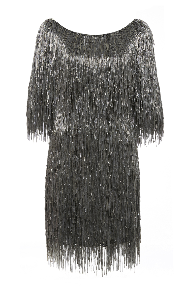 silver metallic fringe dress