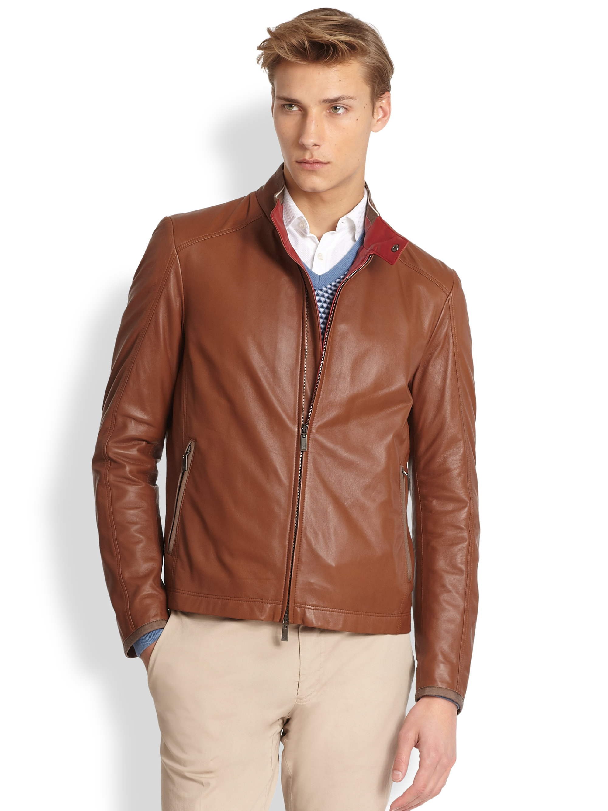Canali Leather Jacket in Brown for Men - Lyst