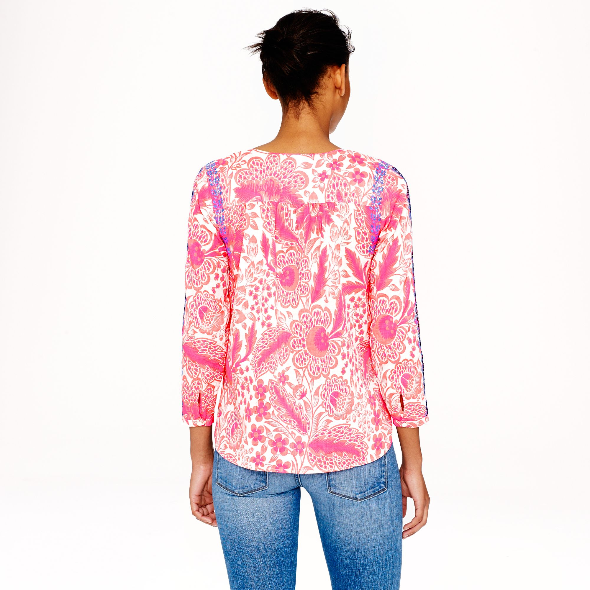 J. Crew coral pink embroidered floral peasant top, white cutoff