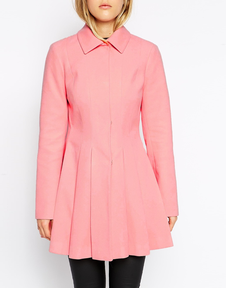 ASOS Skater Coat With Pleat Detail in Pink - Lyst