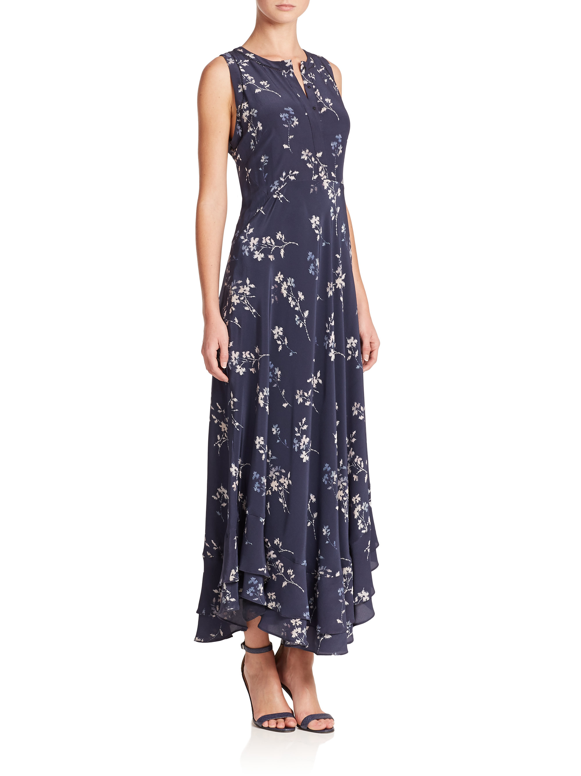 Rebecca Taylor Silk Floral-print Ruffle Maxi Dress in Navy Combo (Blue ...