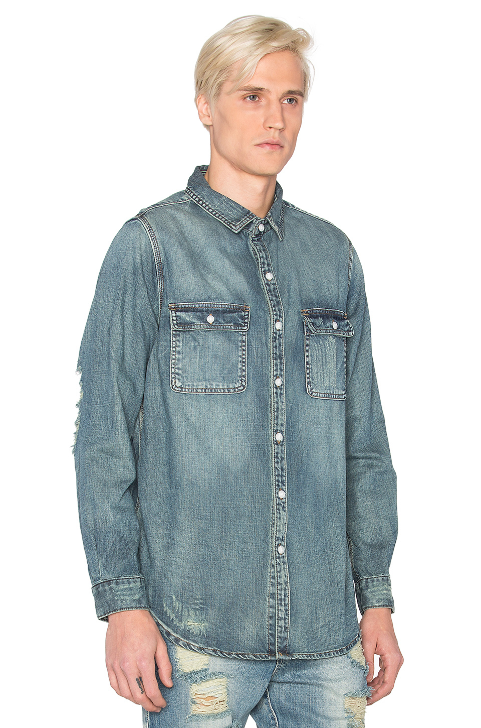 Stampd Distressed Denim Button Down in Blue for Men - Lyst