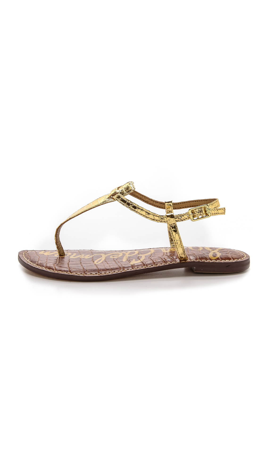 gold t strap flats