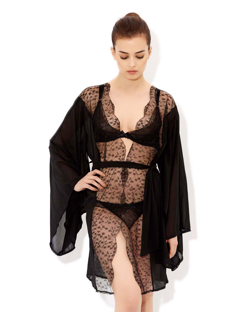 Myla Foliole Lace Black Silk Short Robe Nightwear In B