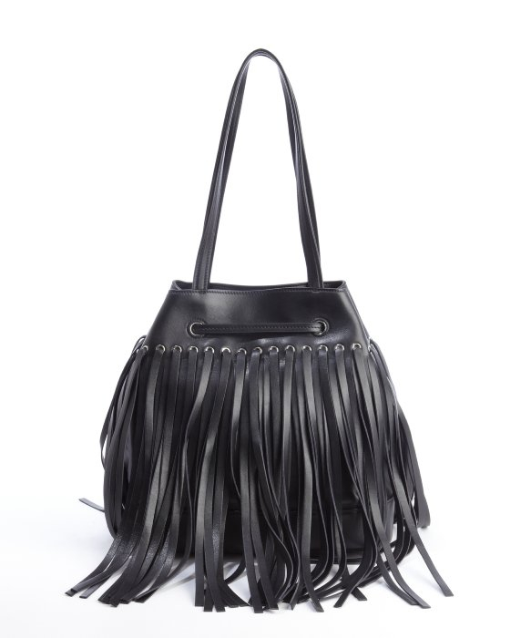 Prada Black Leather Fringe Top Handle Bucket Bag in Black | Lyst