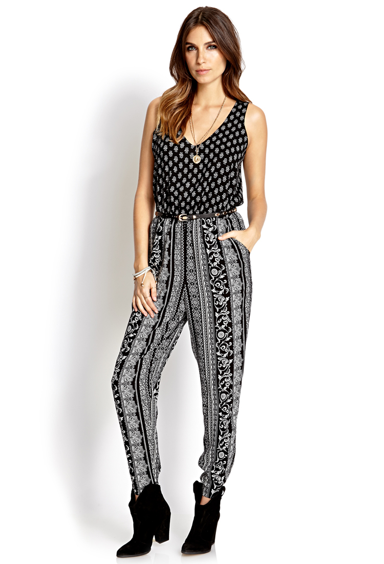 Lyst - Forever 21 Laid-Back Scarf Print Jumpsuit in Black