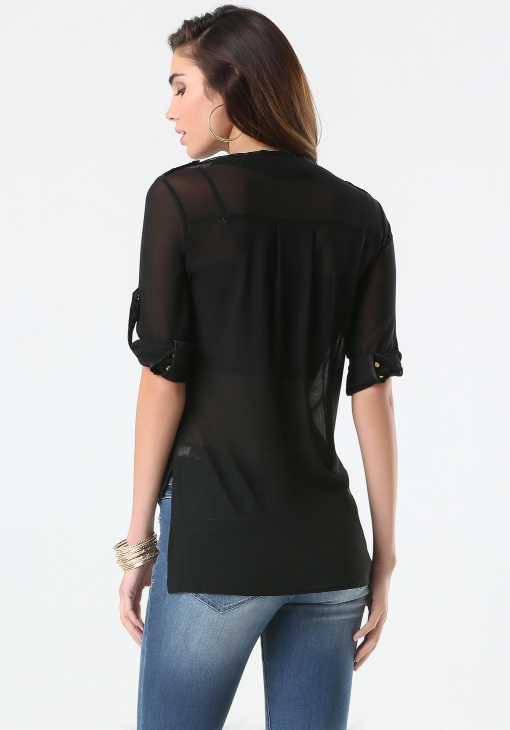 Lyst - Bebe Mesh Front Button Shirt in Black