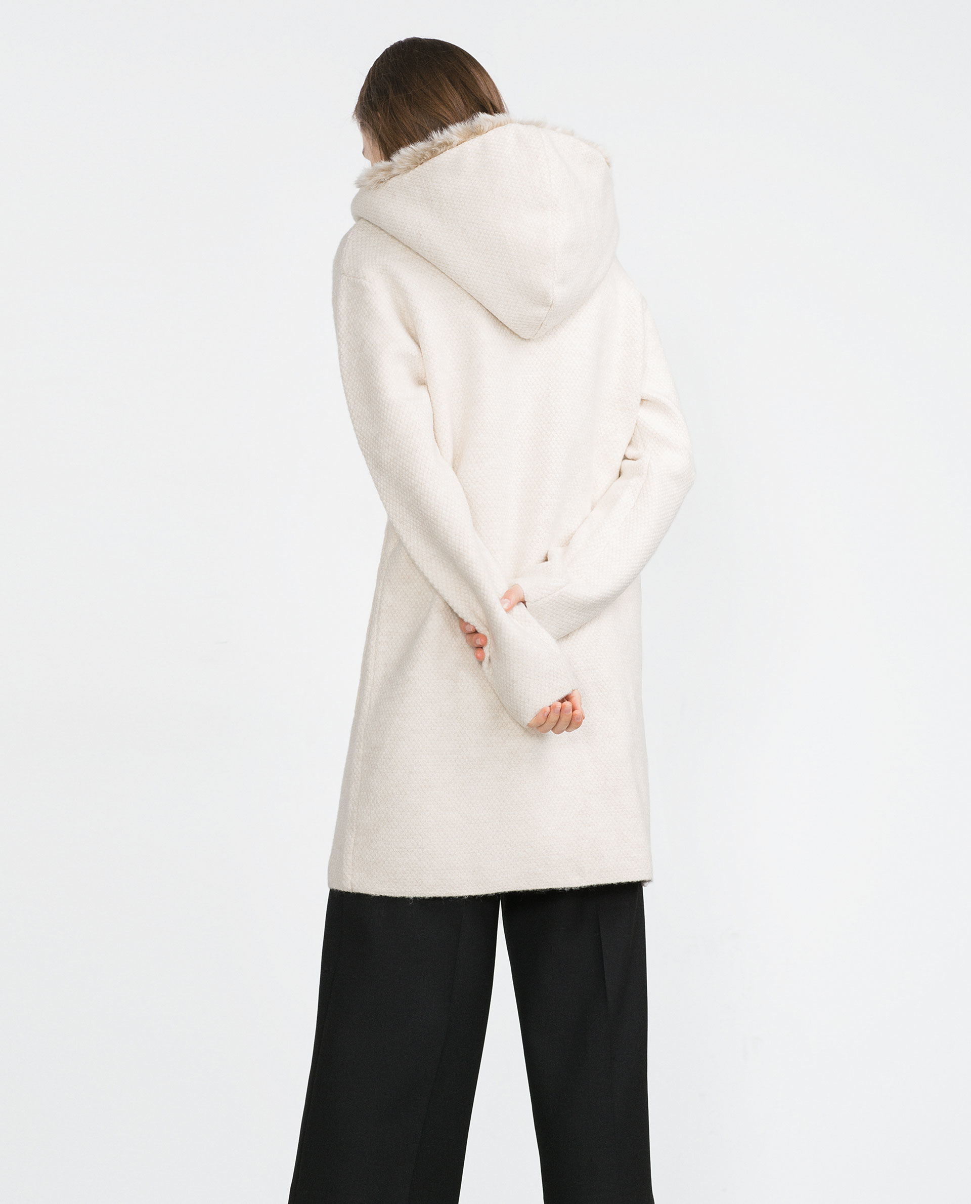 Zara Beige Coat With Faux Fur Hood Lyst
