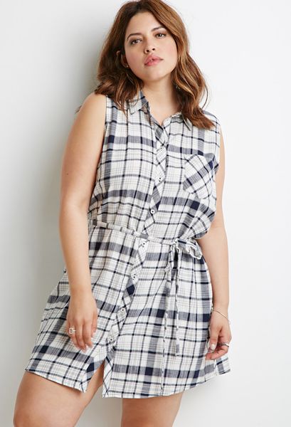 Forever 21 Belted Plaid Shirt Dress in Blue (Cream/navy) | Lyst
