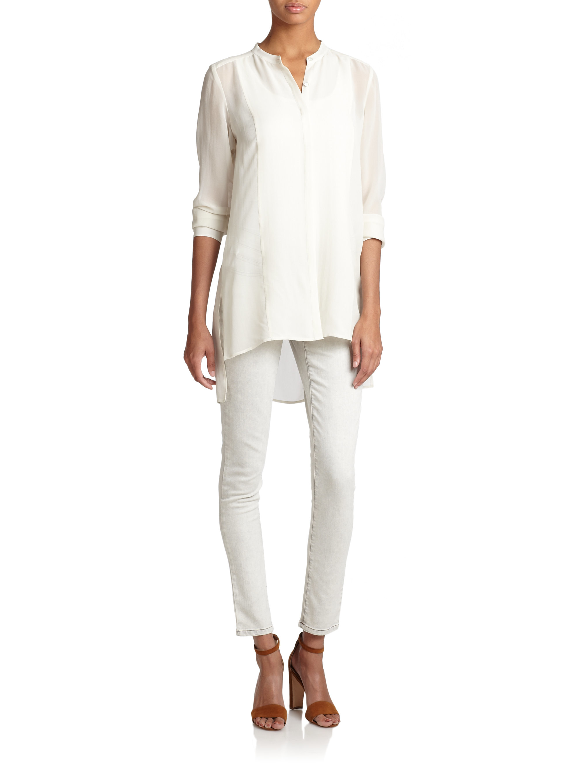 Lyst - Eileen Fisher Silk Georgette Long Blouse in White