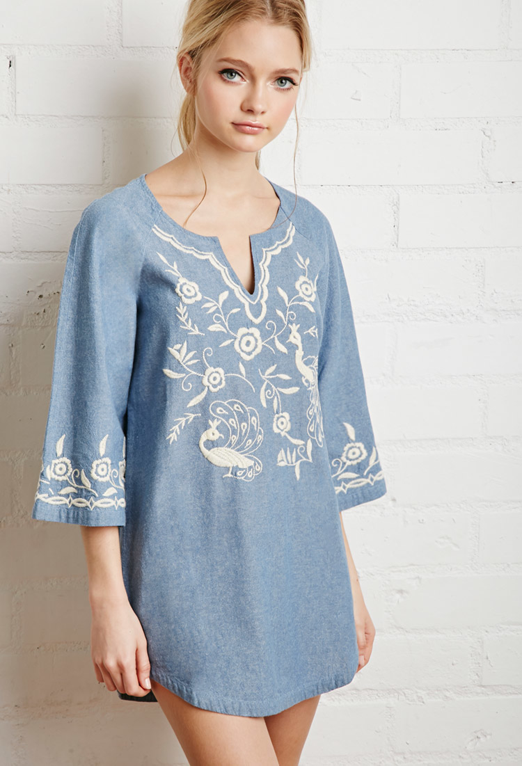 Lyst Forever 21 Embroidered Denim Shift Dress in Blue