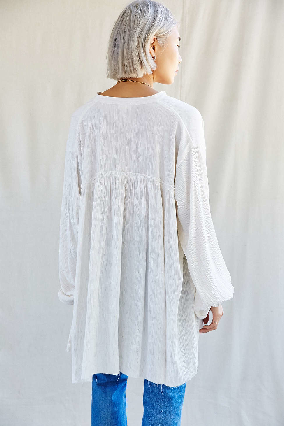 Urban Renewal Remade Raw Edge Crinkle Gauze Tunic Dress in Cream