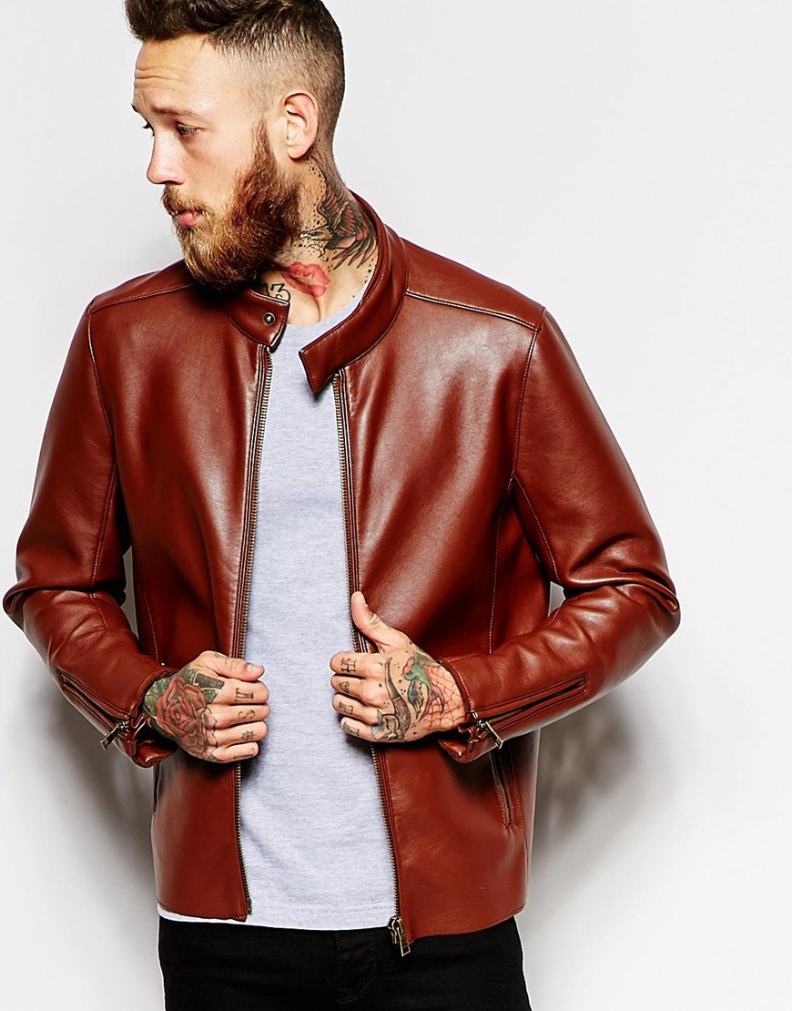 Lyst Asos Faux Leather Racing Biker Jacket In Brown For Men Gallery