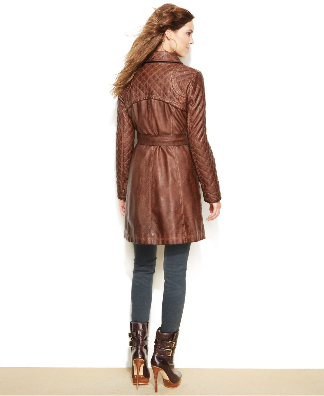 Jessica Simpson Brown Faux Leather Quilted Trench Coat