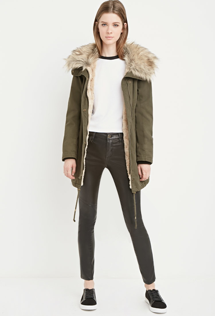 Forever 21 Faux Fur Parka In Green Lyst Gallery