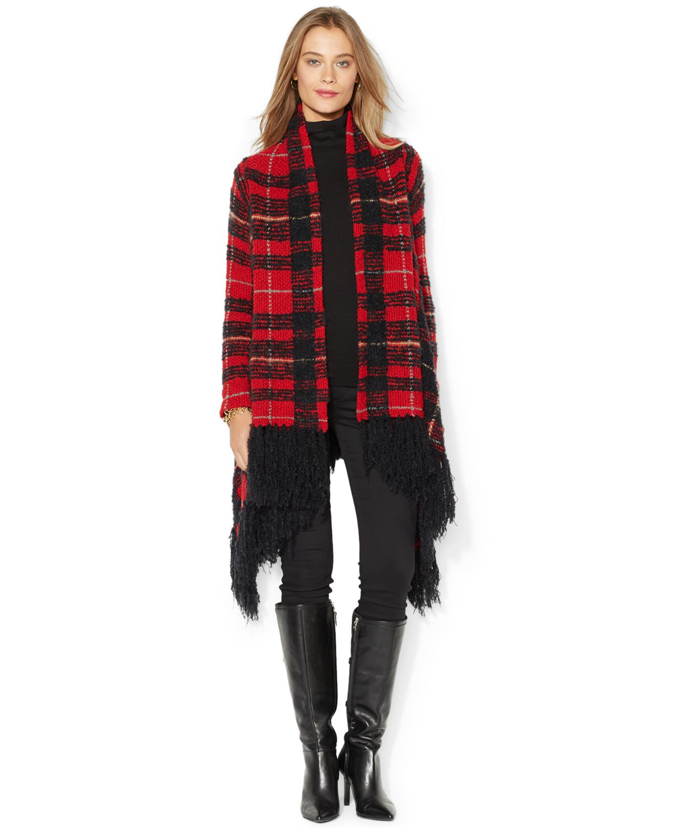 Lauren by ralph lauren Plaid Wrap Sweater in Red | Lyst