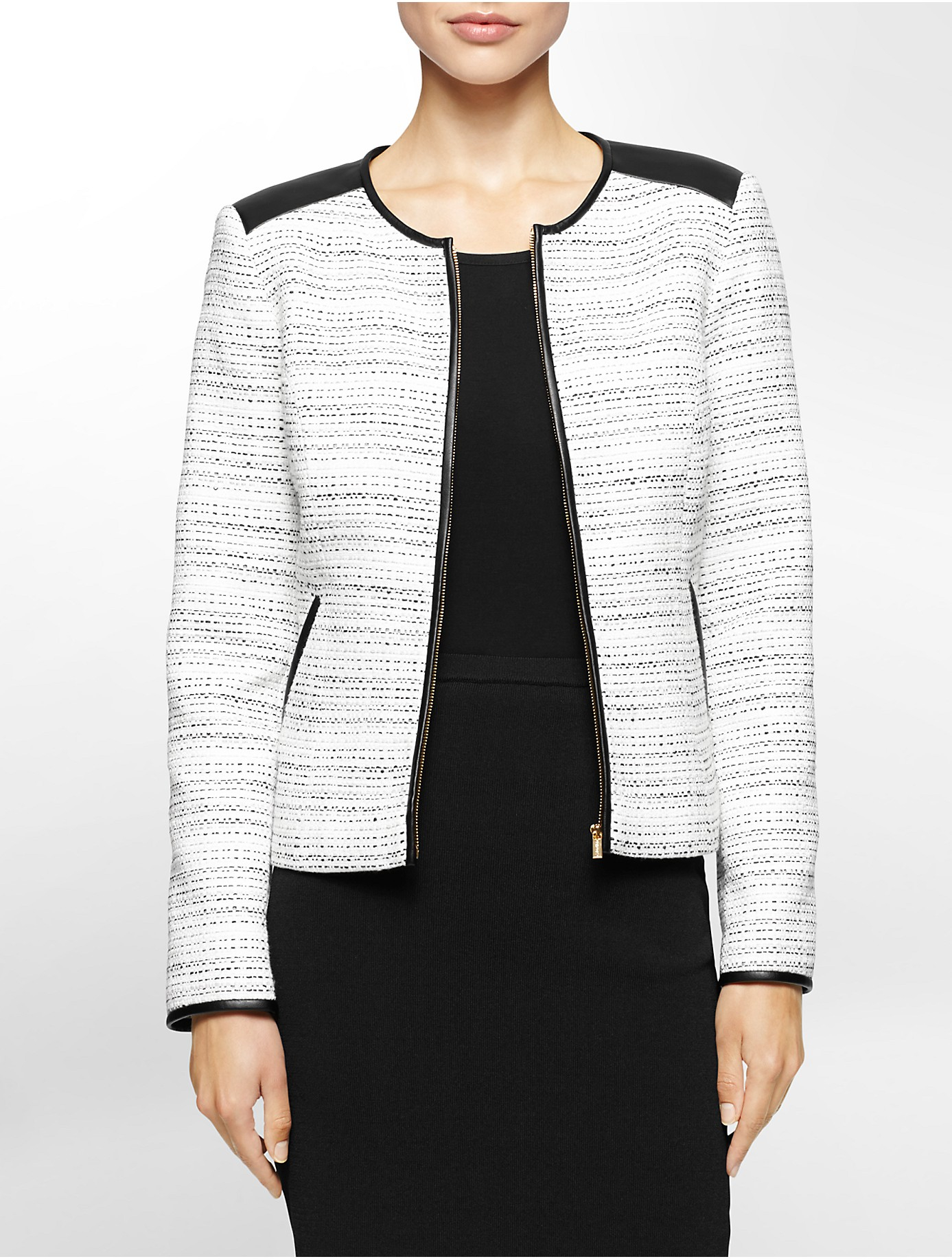 Lyst Calvin Klein White Label Faux Leather Trim Tweed Suit Jacket Gallery