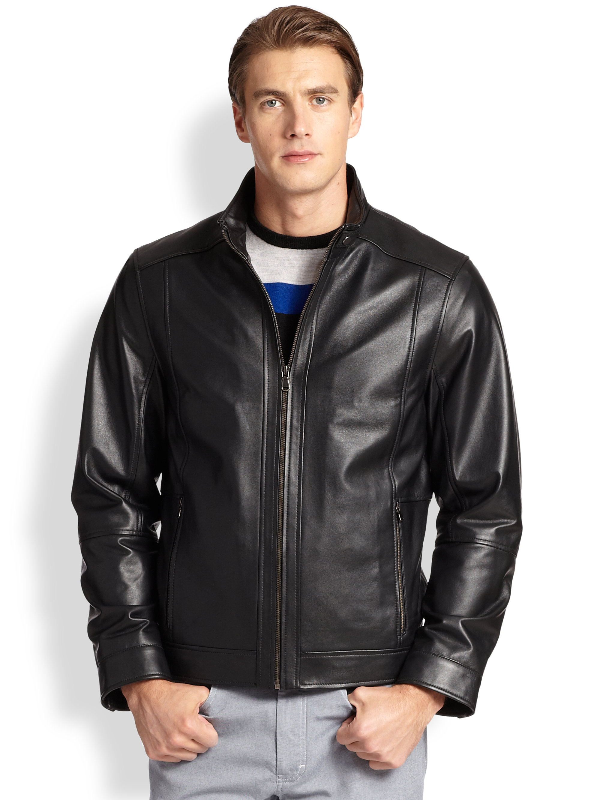 Saks Fifth Avenue Lightweight Leather Bomber Jacket in Black for Men - Lyst
