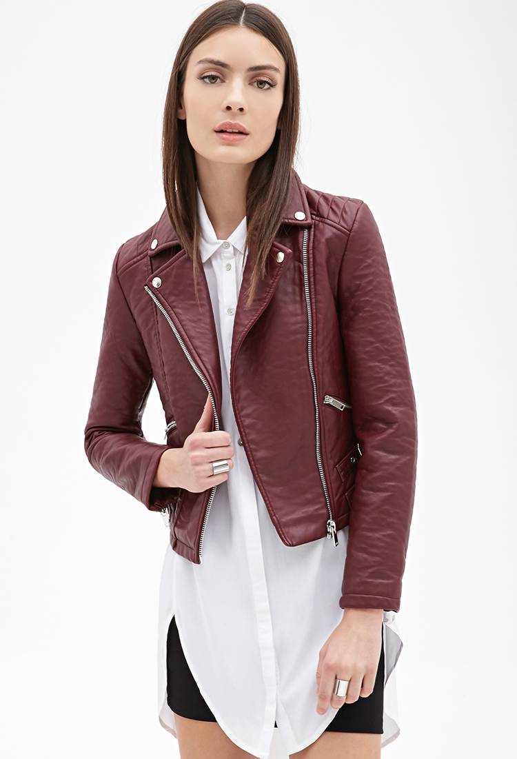 Forever 21 Purple Zippered Faux Leather Moto Jacket