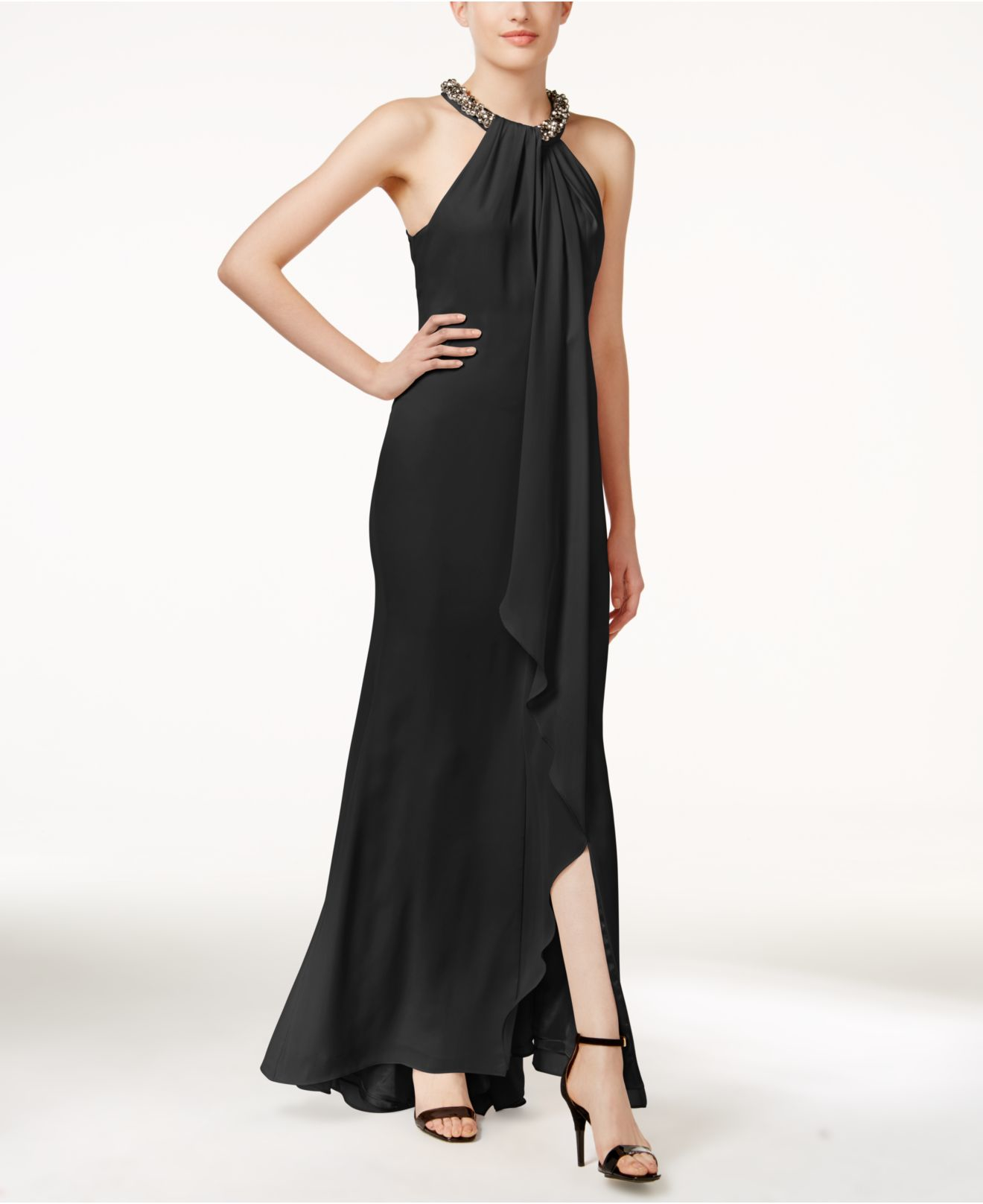 Calvin Klein Sleeveless Halter Draped Detail Gown in Black | Lyst