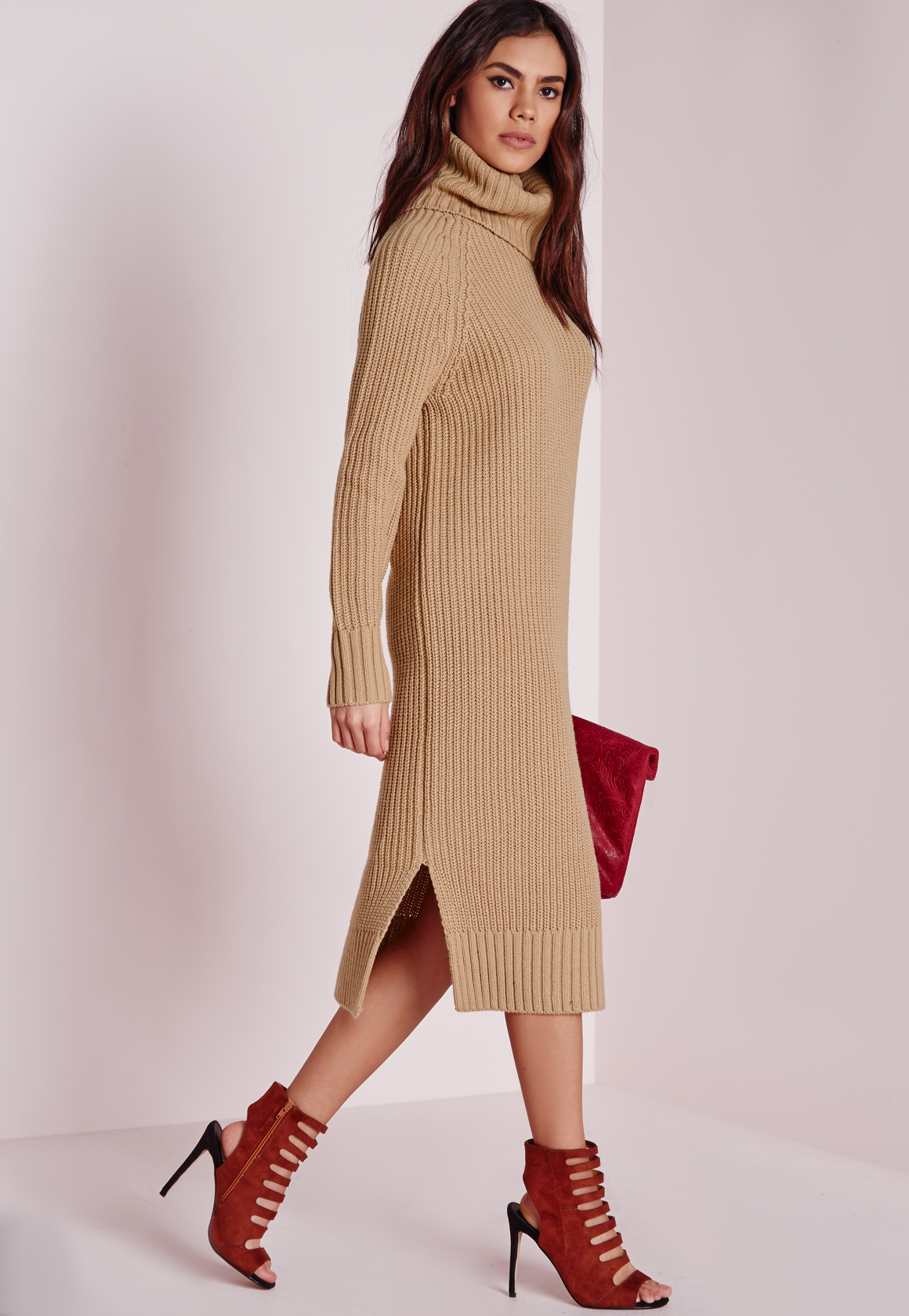 Lyst Missguided Roll Neck Split Knitted Dress Camel in Brown