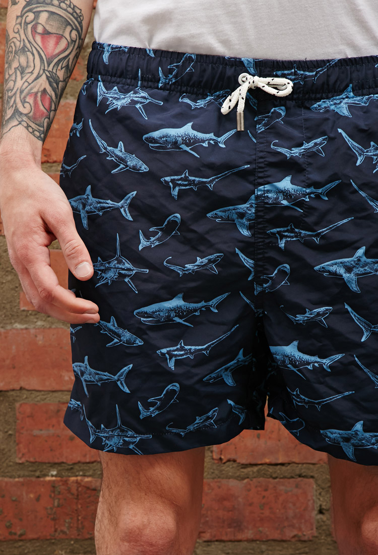 mens shark print swim trunks