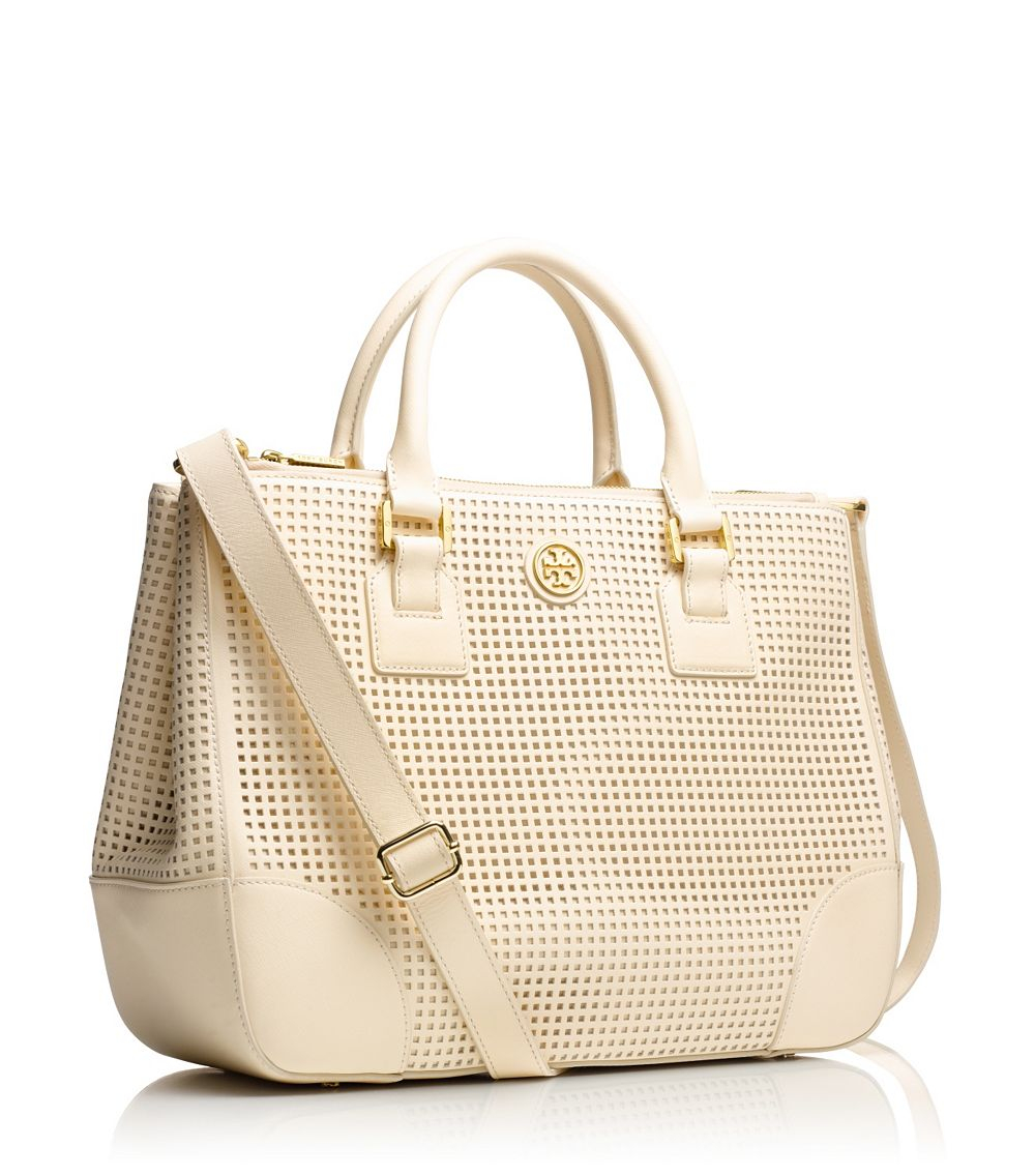 Tory Burch Robinson Perforated Double Zip Tote in Natural