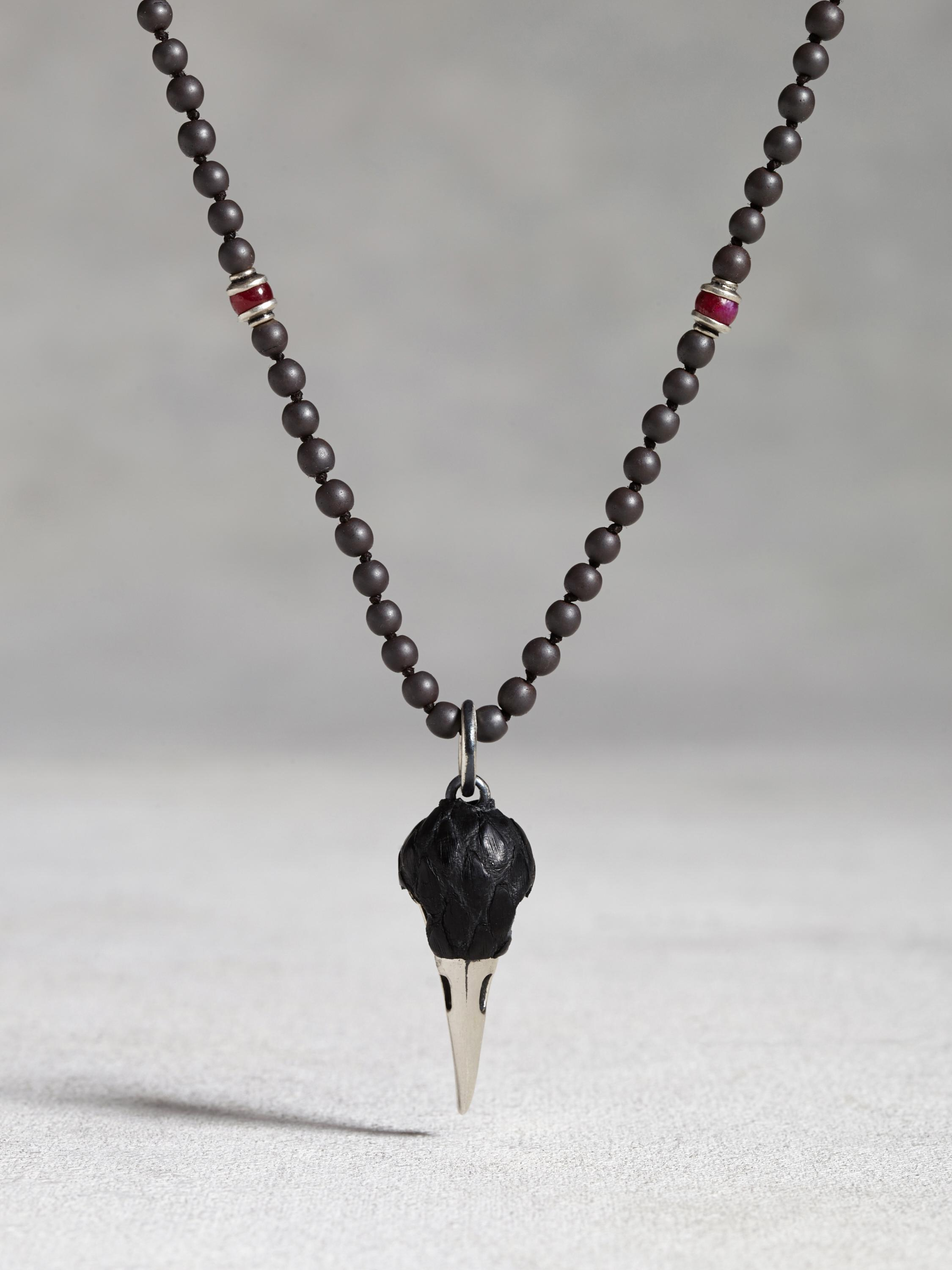 Ruby Raven Skull Necklace in Grey Stone 