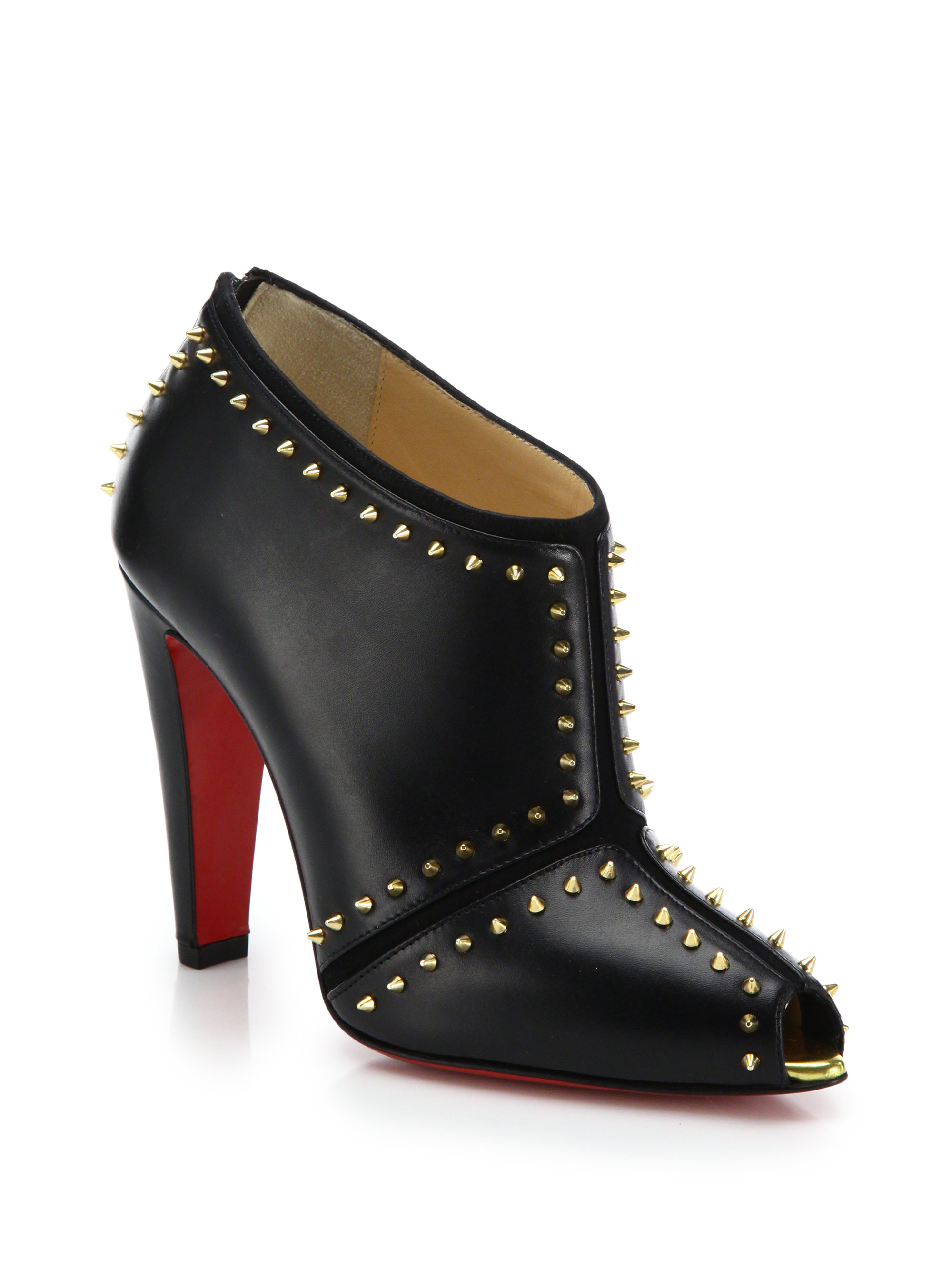 Lyst - Christian louboutin Studded Leather Peep-toe Booties in Black