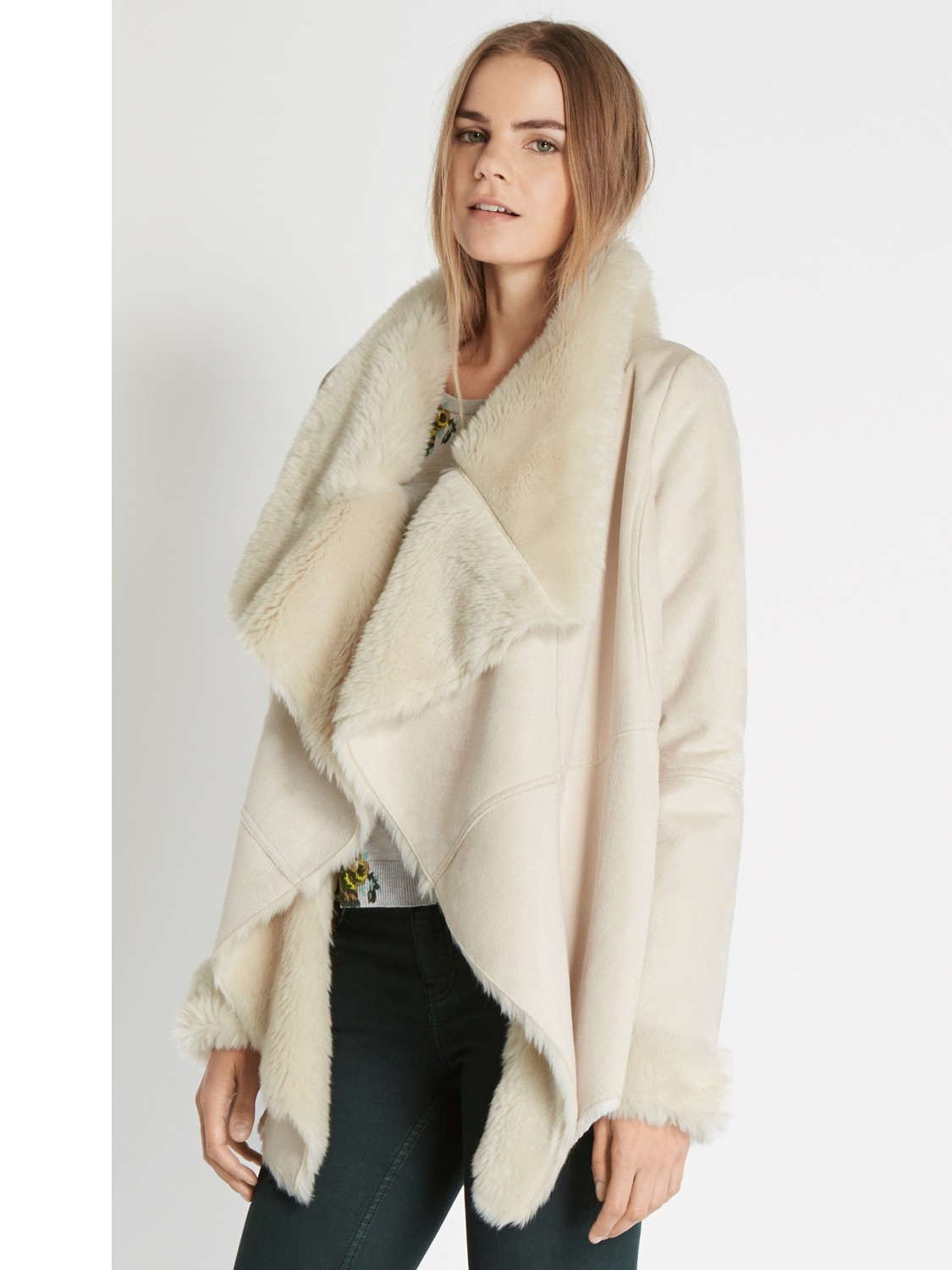 Oasis Faux Shearling Drape Coat In Black Natural Lyst